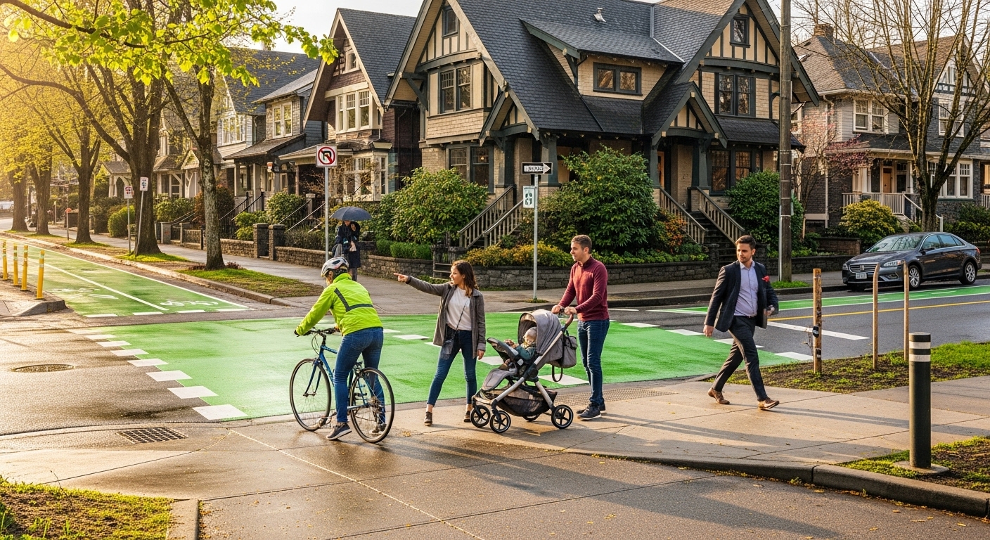 Pedestrians and cyclists creating congestion on a Vancouver sidewalk near a bike lane