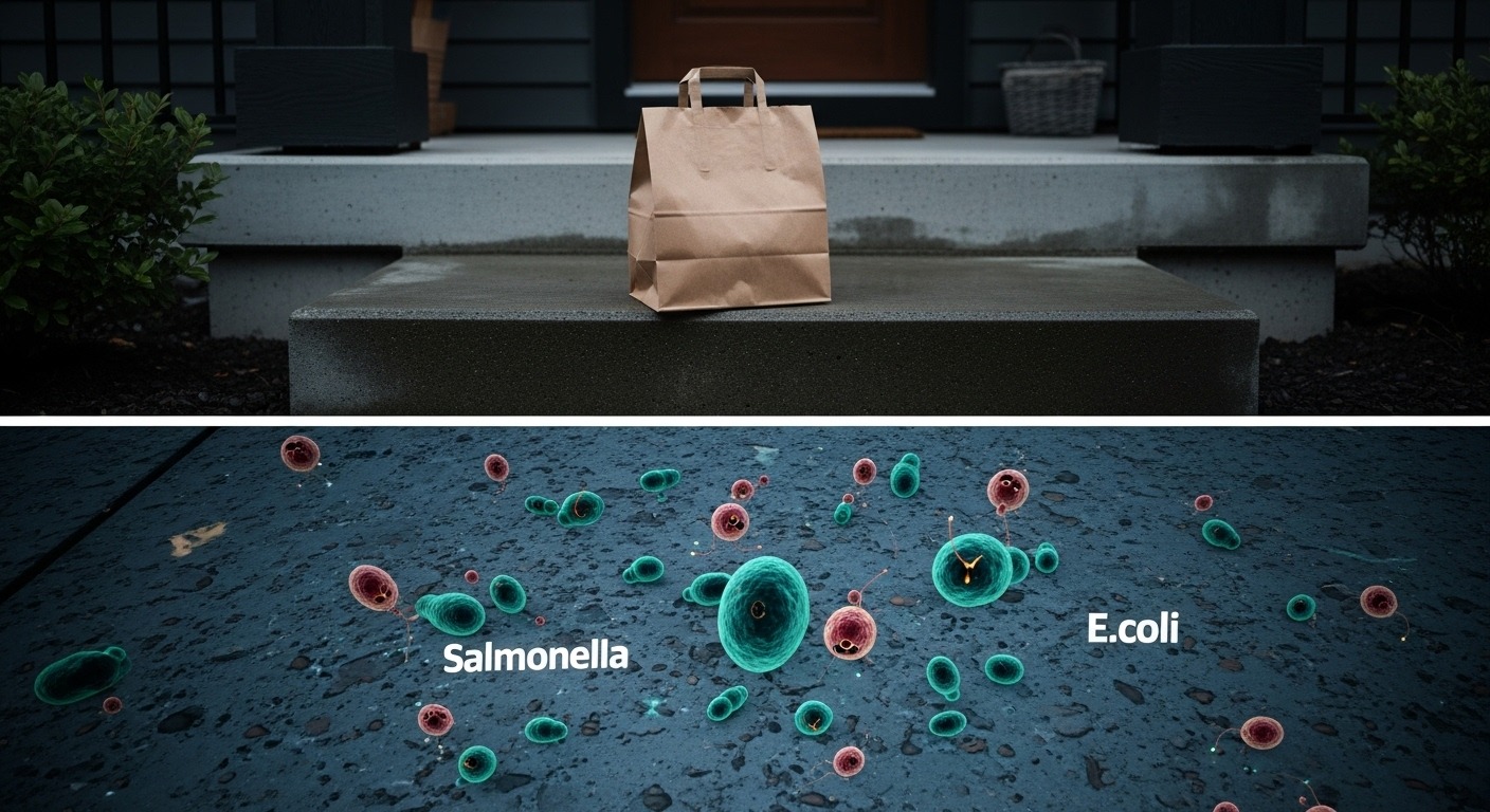 Food delivery bags on a Vancouver porch showing potential contamination.