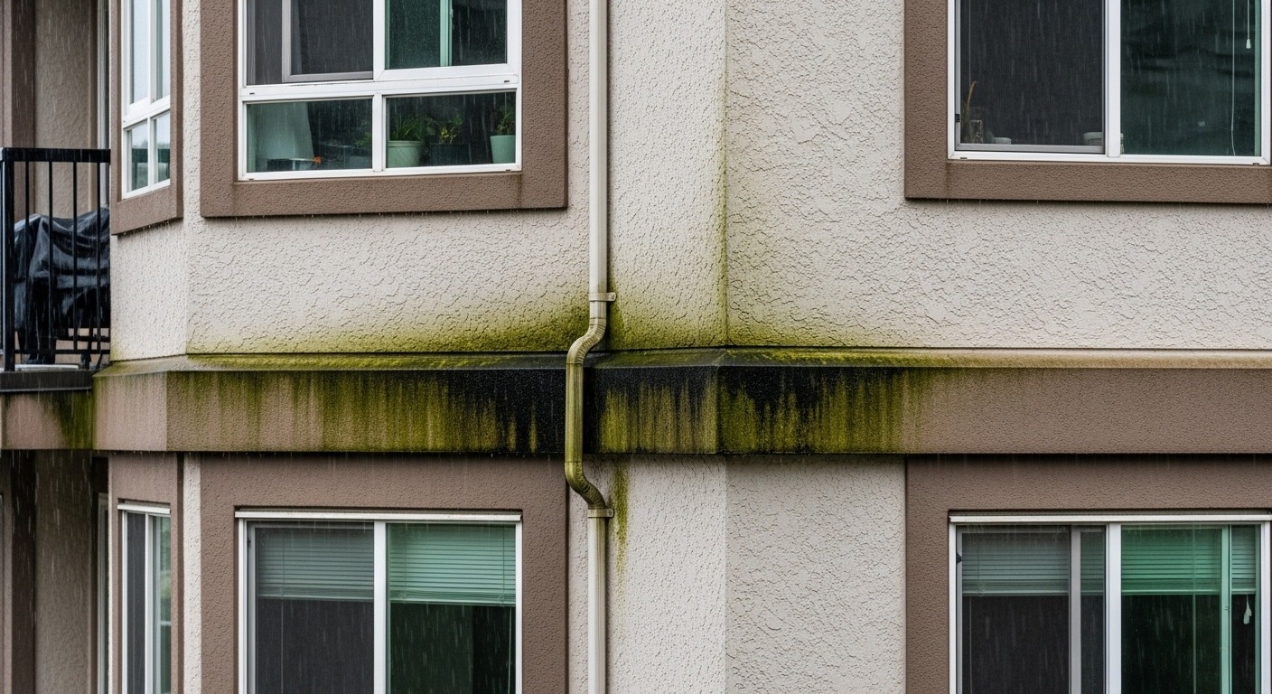 Close-up of a building exterior in Vancouver showing water stains and algae growth due to the rainy climate, leading to envelope damage.
