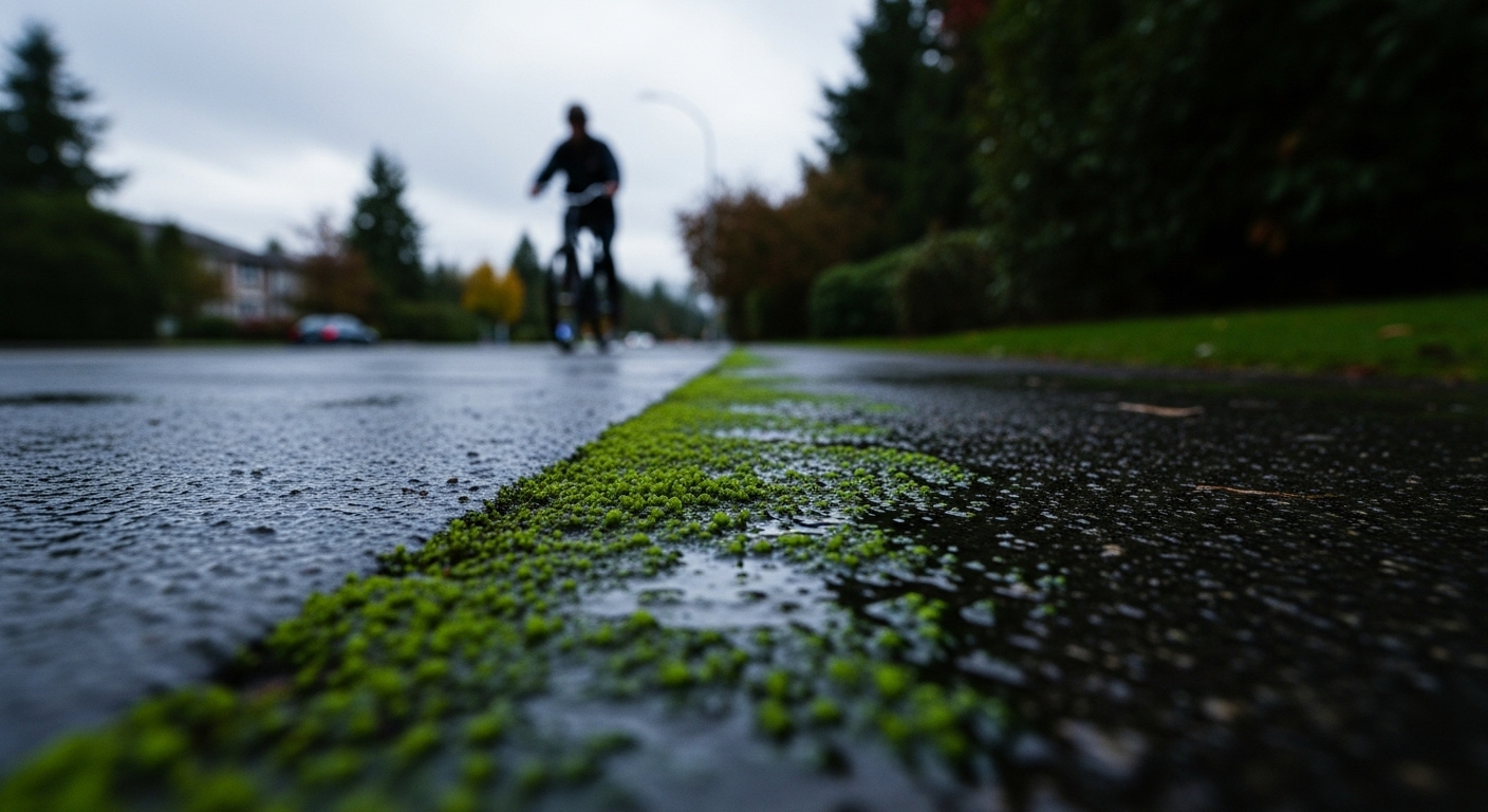 A wet, unmaintained sidewalk next to a Vancouver bike lane, posing a clear slip hazard