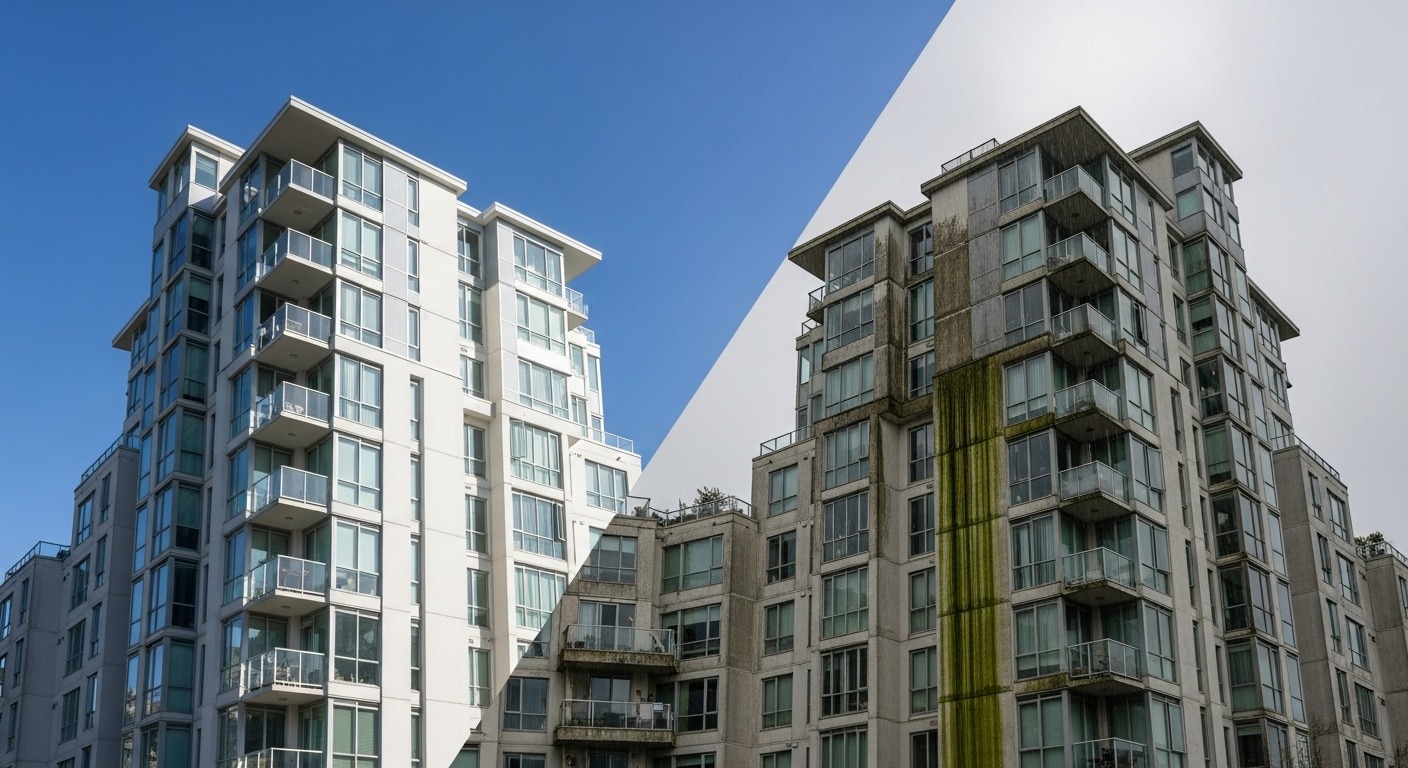 A split image showing a clean, well-maintained Vancouver strata building versus a decaying, moss-covered one.