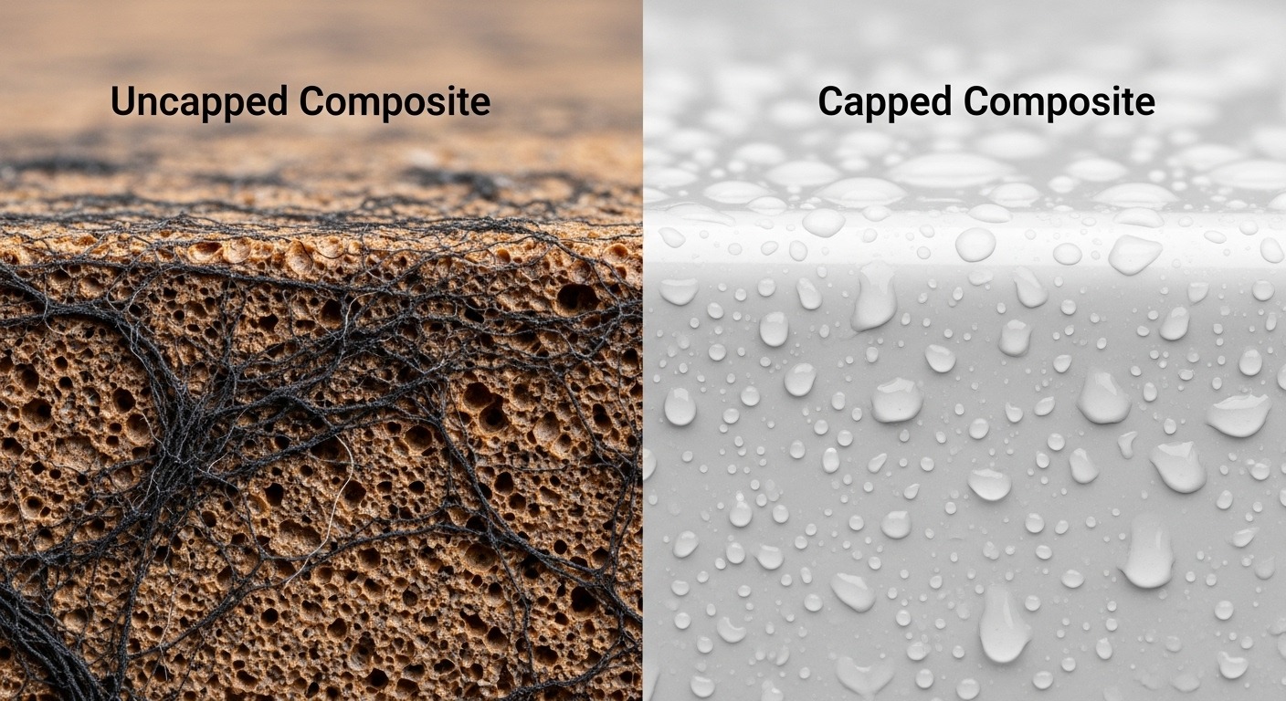 Side-by-side comparison of capped vs uncapped composite decking showing mold differences.