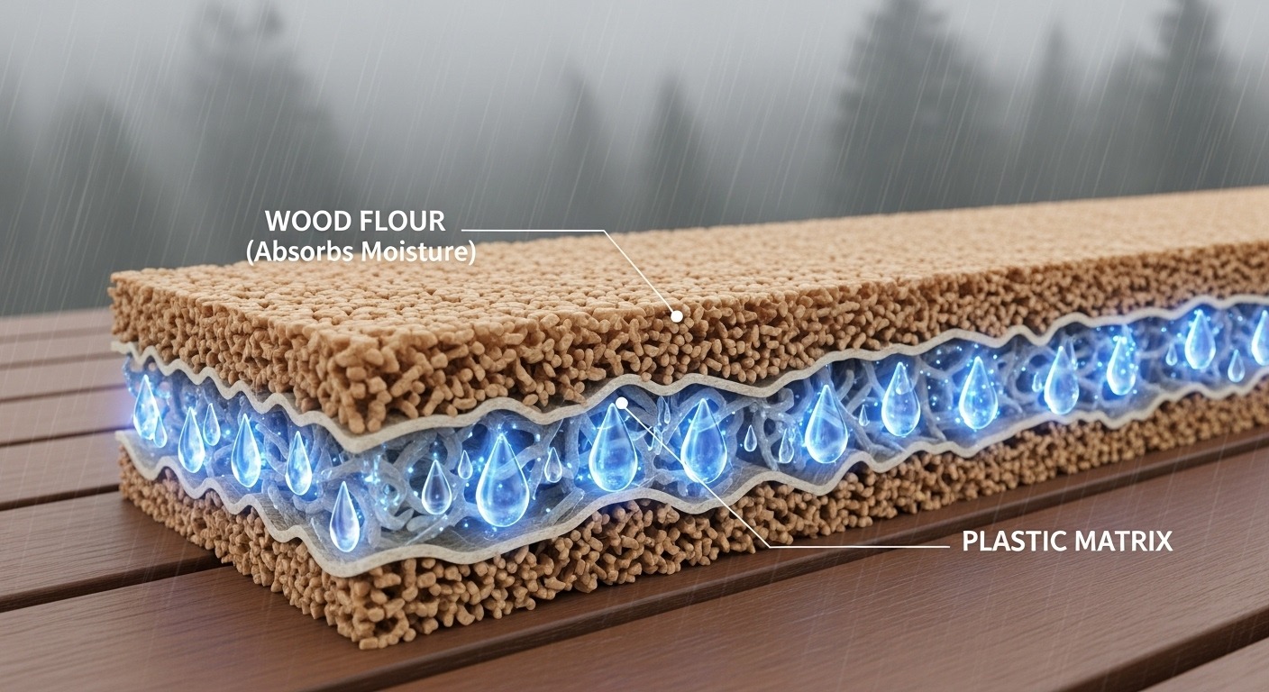 Diagram showing how composite decking absorbs and traps moisture, leading to mold.