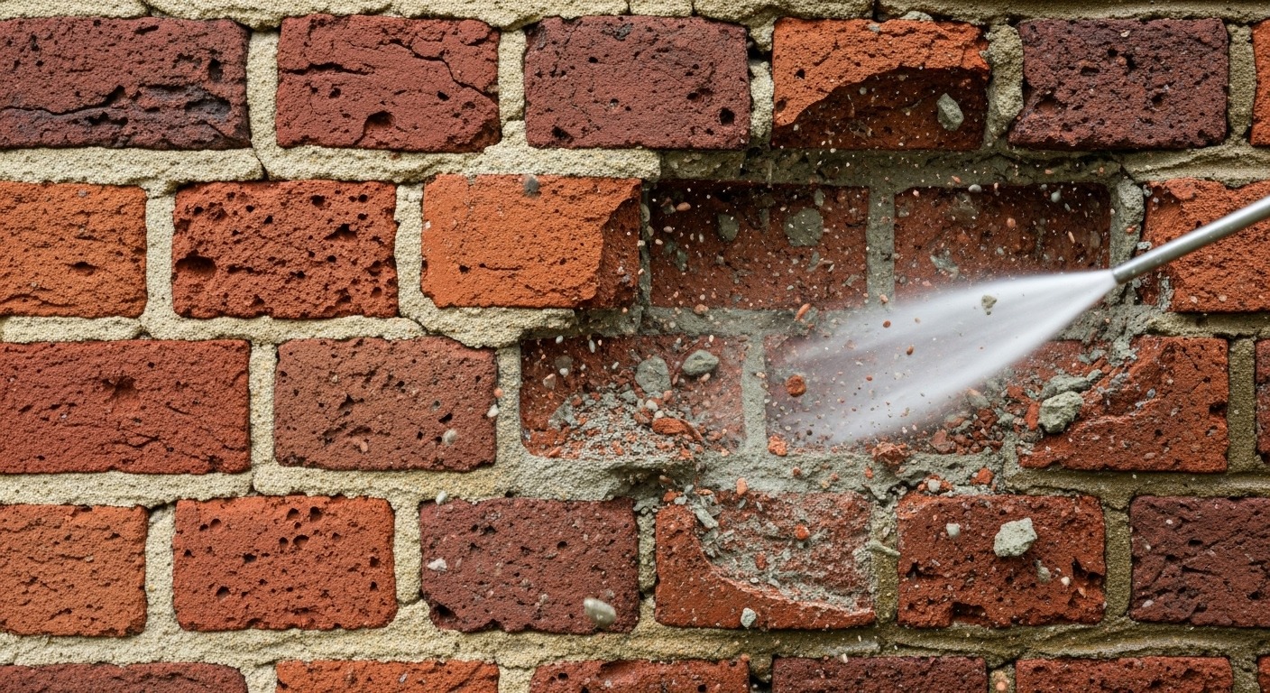 Close-up of damage to historic brick from high-pressure washing.
