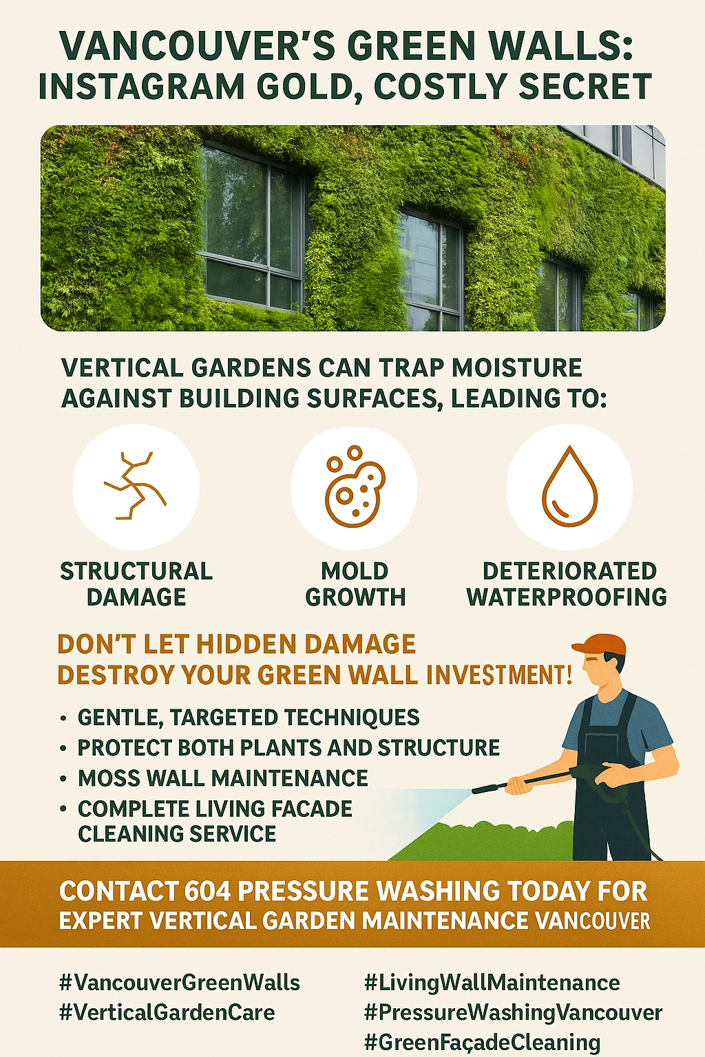 Infographic summarizing key takeaways for proper living wall maintenance and cleaning in Vancouver.
