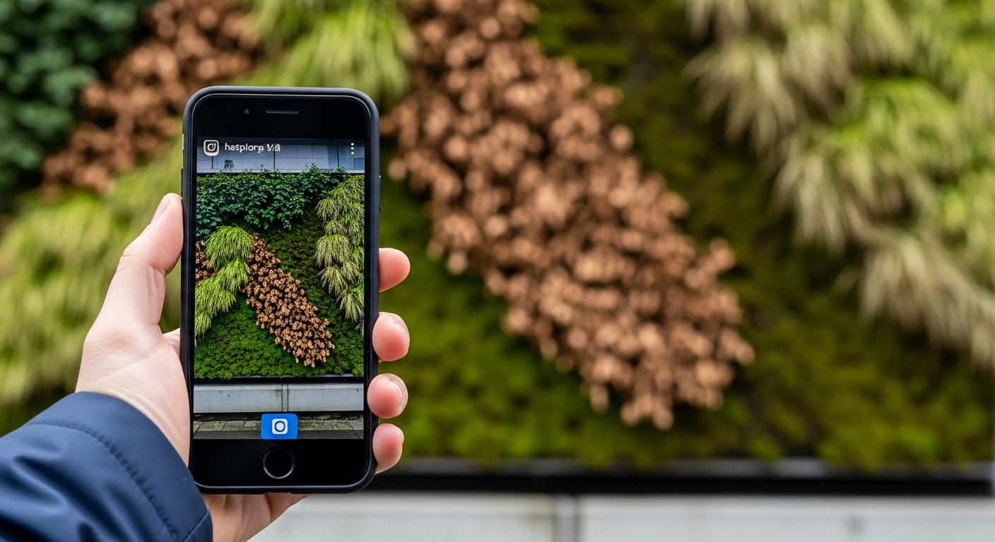 A split image showing the perfect Instagram photo of a green wall versus the reality of its complex and often messy maintenance needs.