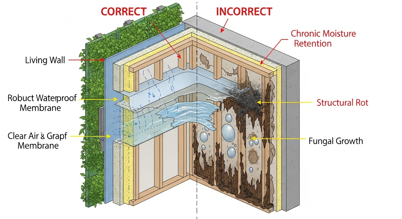 A diagram illustrating how moisture from a living wall can penetrate a building's exterior, causing structural damage to the wall assembly.