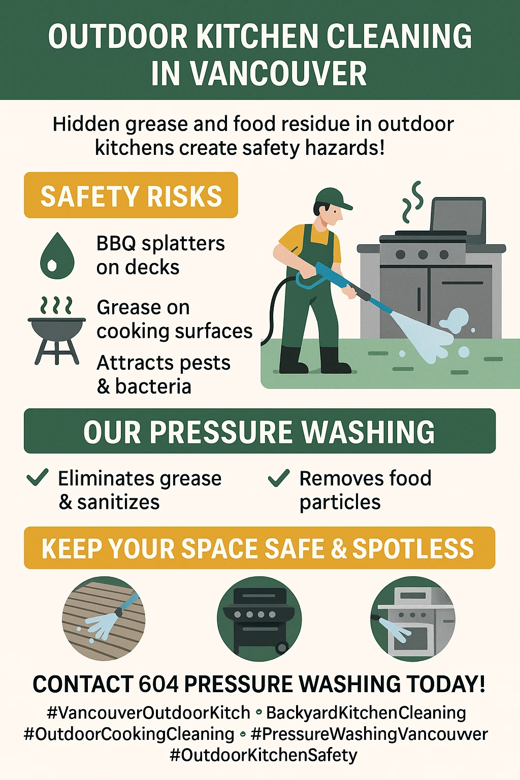 Infographic summarizing key takeaways for cleaning Vancouver outdoor kitchens.
