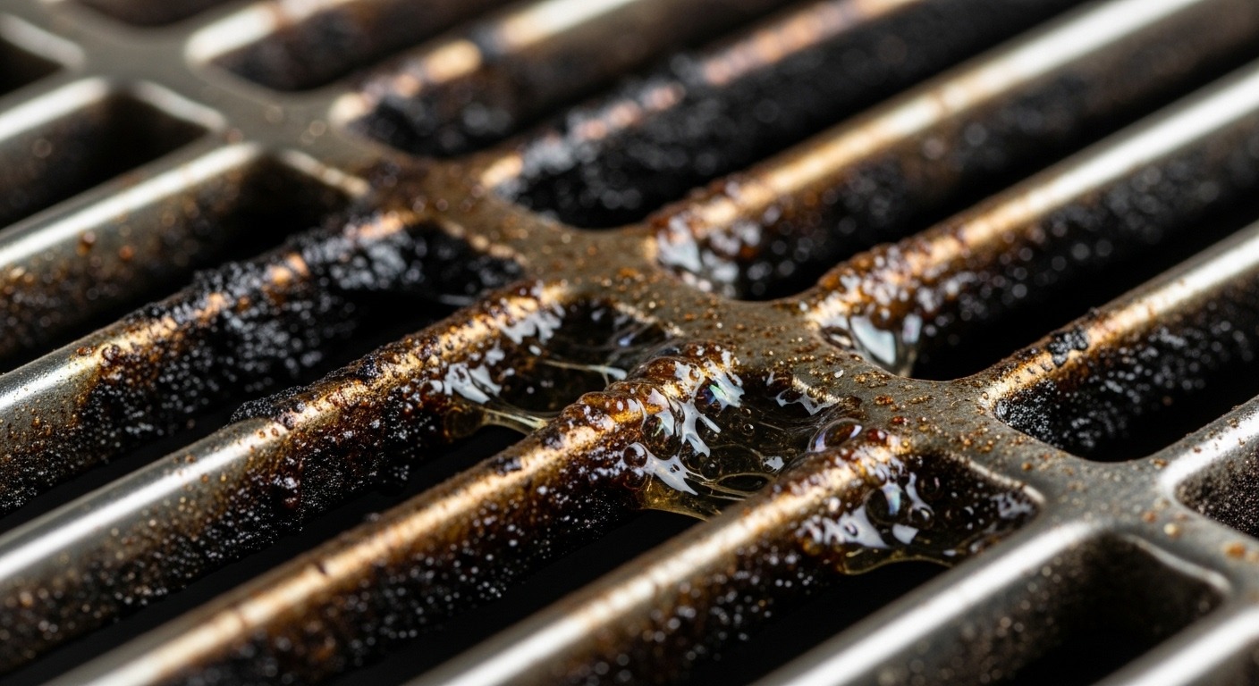 Close-up of grease buildup inside an outdoor kitchen grill, a breeding ground for bacteria.