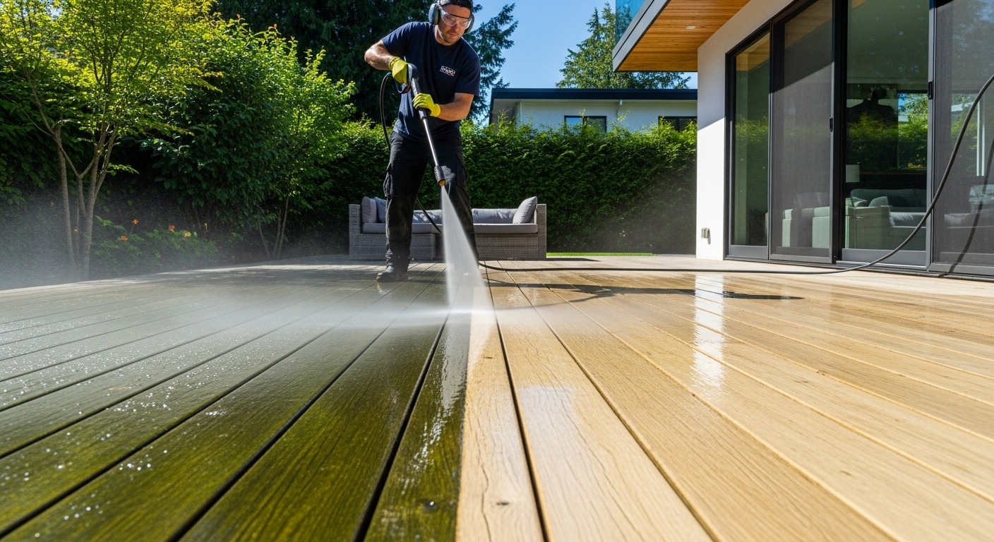 A professional cleaner pressure washing the siding of a Vancouver home to improve its curb appeal.