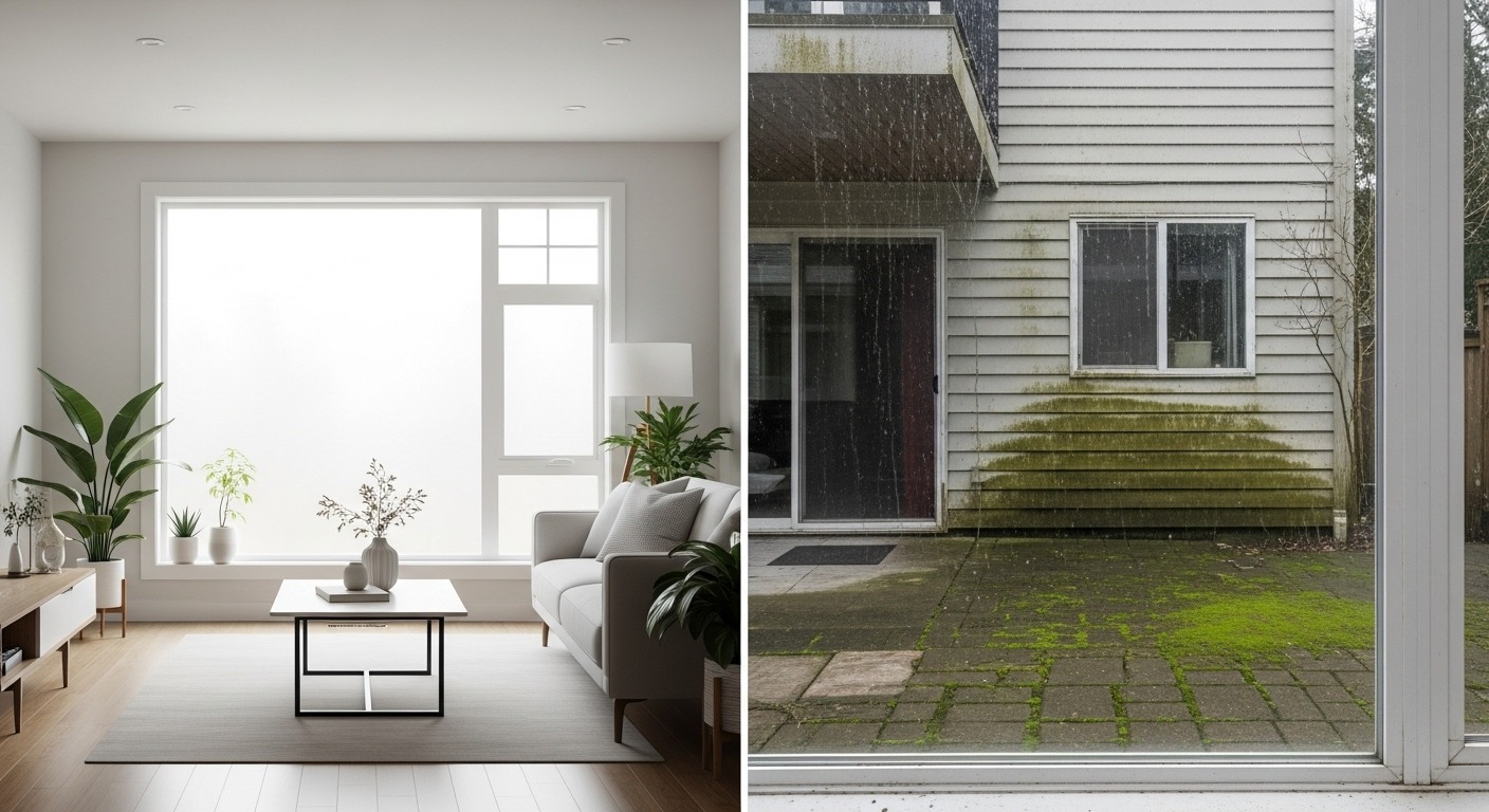 A split image showing a clean Airbnb interior contrasted with a dirty, moss-covered exterior in Vancouver.