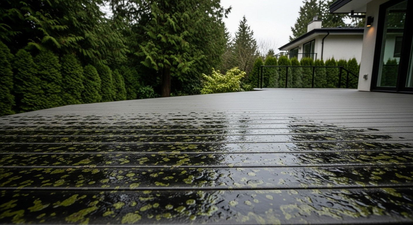 Close-up of black mold spots on a Vancouver composite deck.