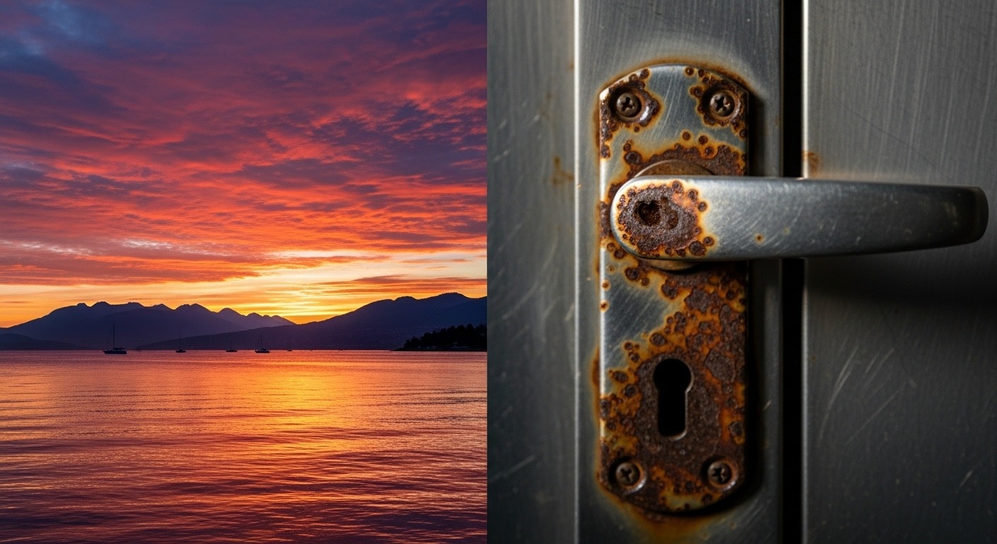 Corroded metal fixtures on a Vancouver home's exterior caused by salt air.