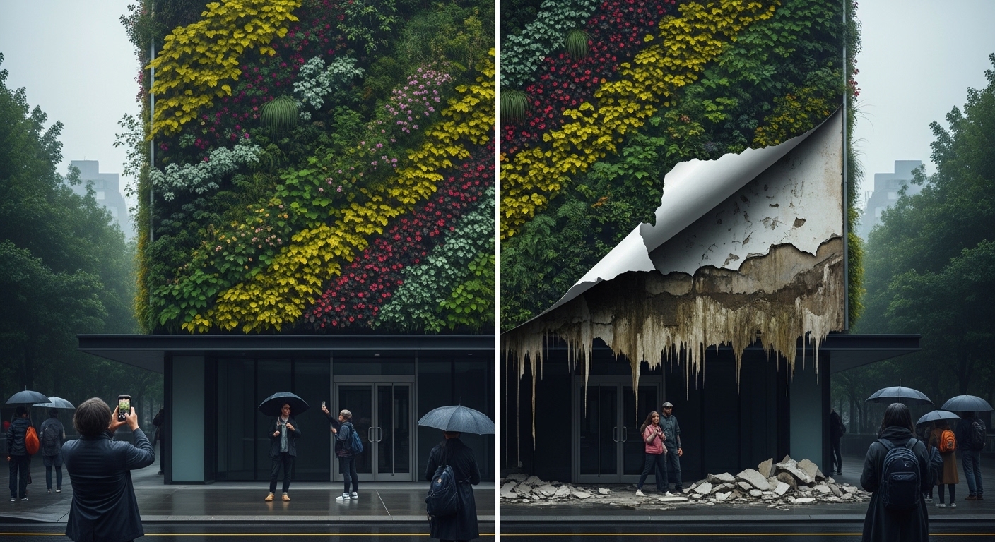 An example of hidden water damage and rot on a building's exterior wall, concealed behind a living wall panel in Vancouver.