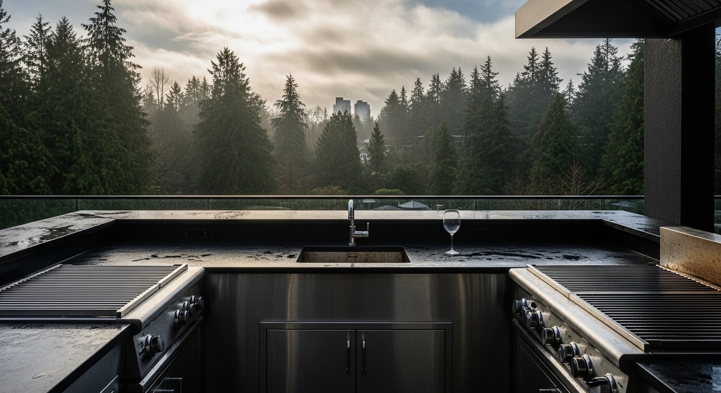 A luxurious Vancouver outdoor kitchen with stainless steel appliances, highlighting the hidden dangers of grease and bacteria buildup.