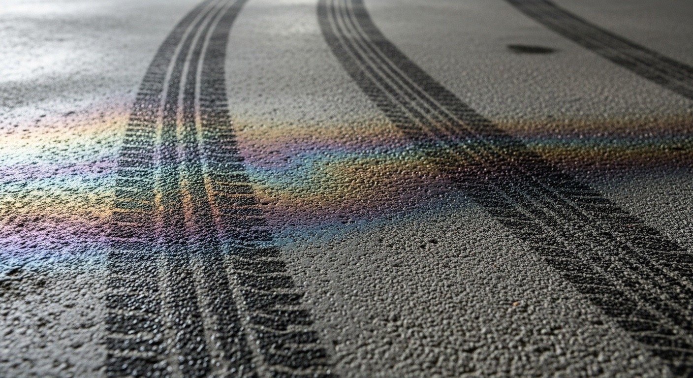 Close-up of a heavily contaminated concrete surface in an underground parking garage showing oil stains and grime.