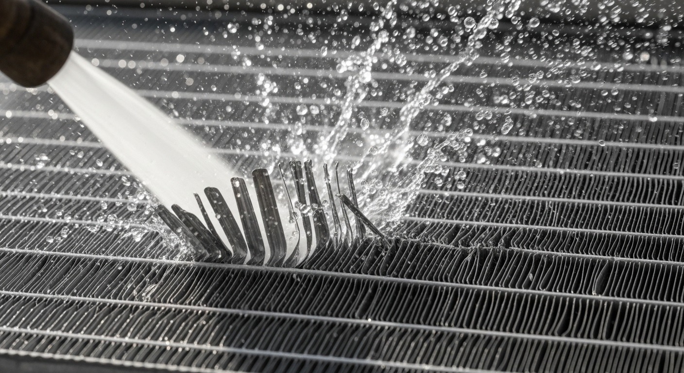 Bent and damaged heat pump fins from a pressure washer