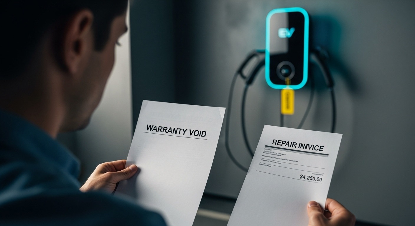 An example of a costly repair bill for an EV charger with a voided warranty due to improper cleaning.