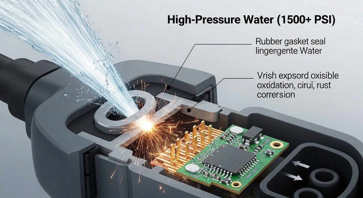 Cross-section diagram illustrating water damage inside an EV charger connector due to high-pressure washing.