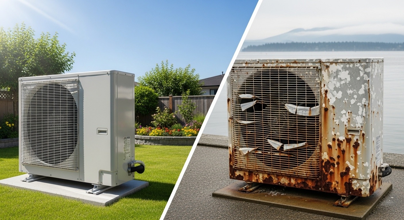 Corrosion on a heat pump caused by salt air