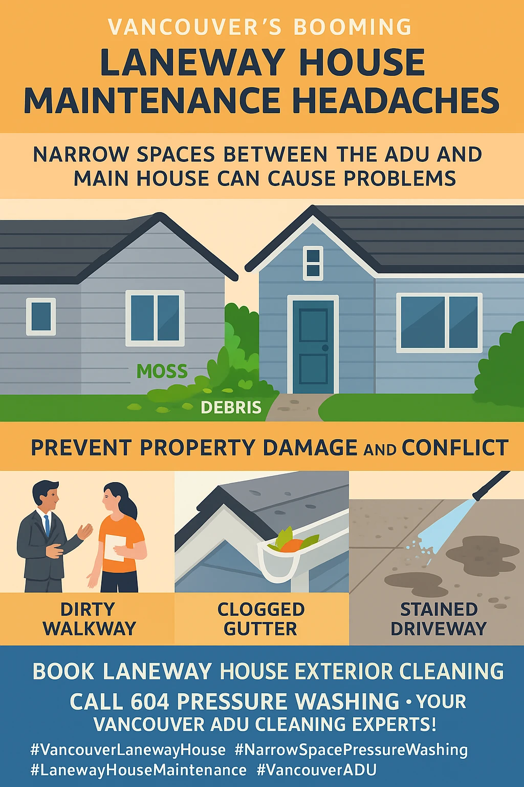 Infographic summarizing laneway house maintenance disputes and the role of pressure washing in Vancouver.