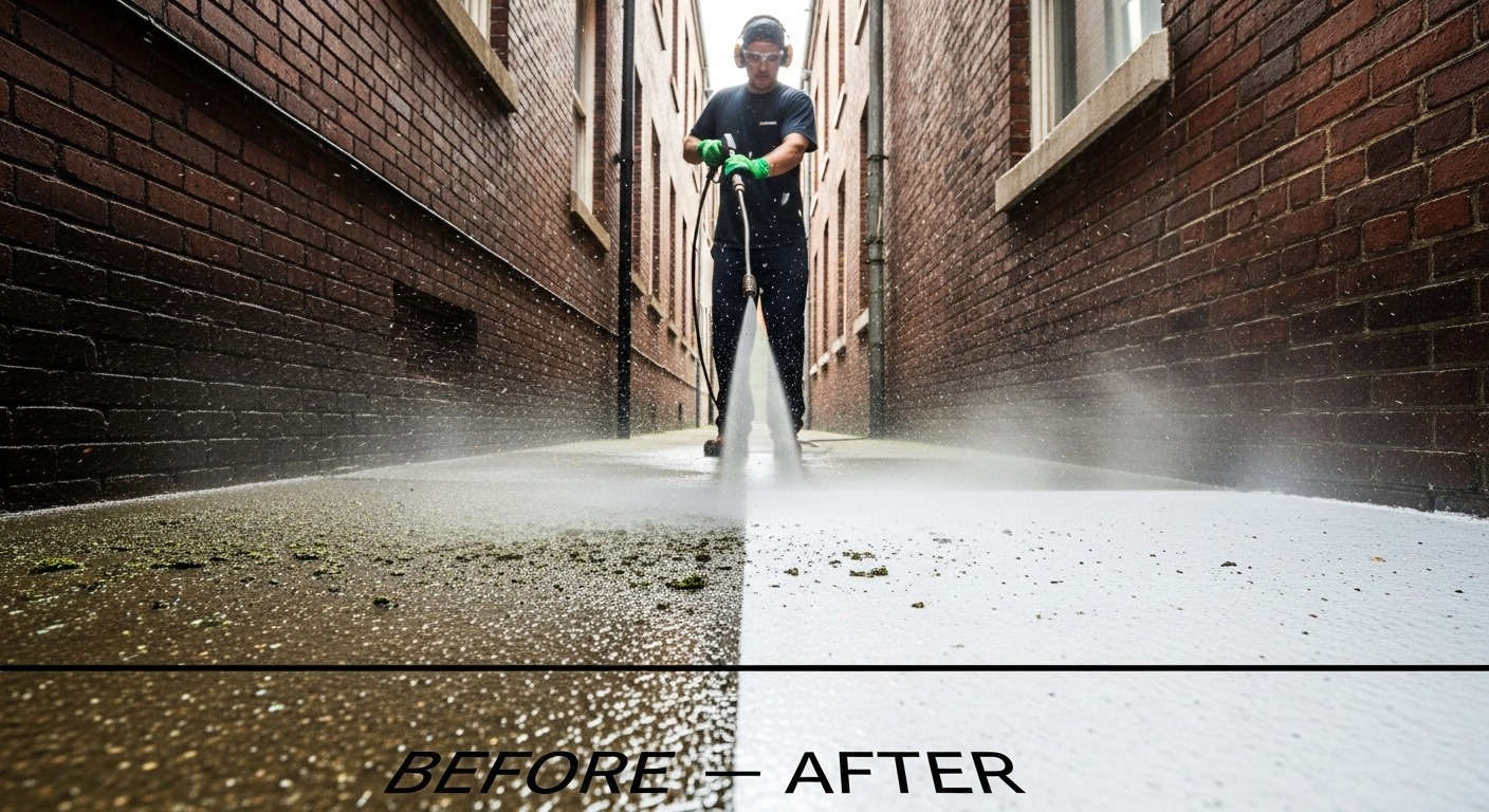 Professional pressure washing a narrow path next to a laneway house.