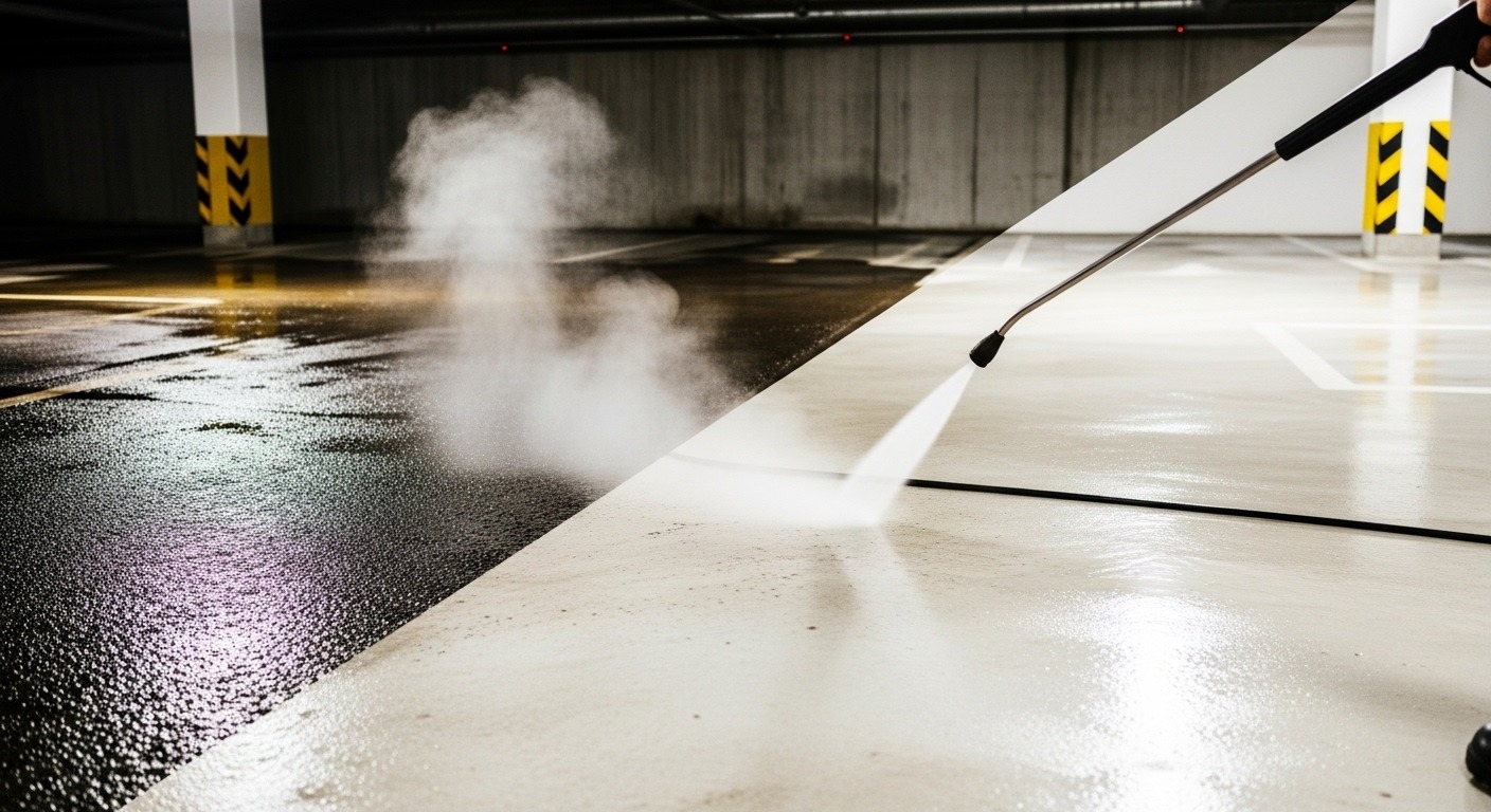 A professional worker pressure washing the floor of an underground parking garage.