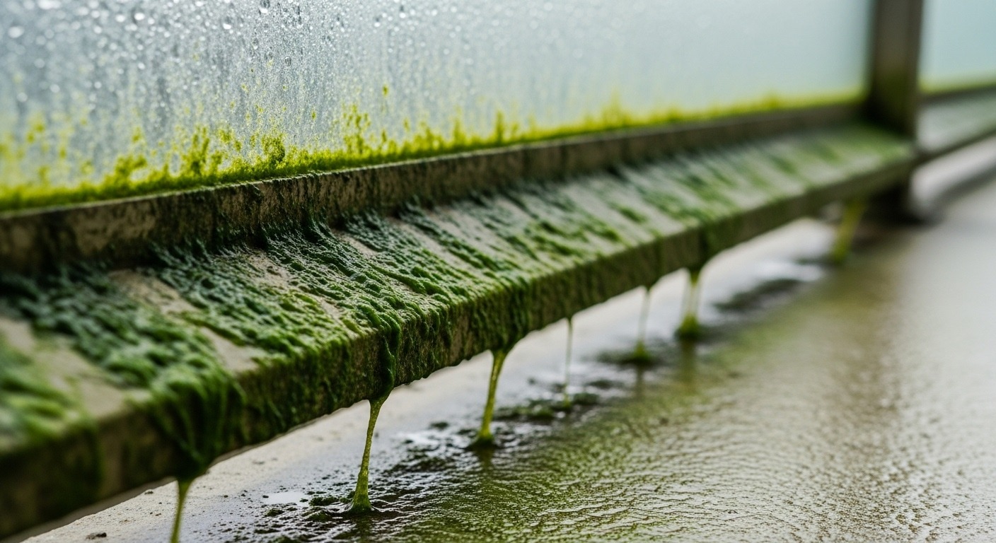 Close-up of slippery algae on a glass railing, highlighting a safety hazard