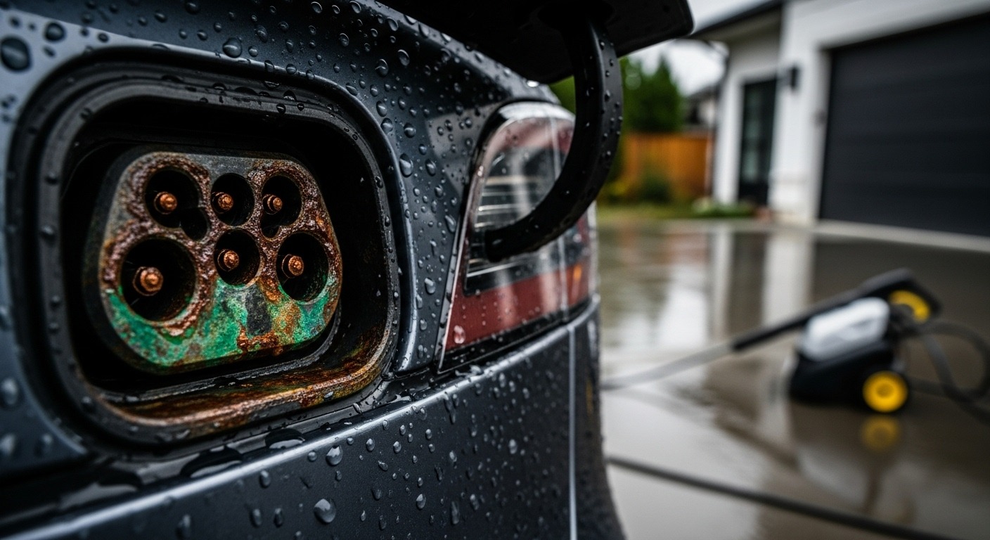 Close-up of a Tesla charging port showing copper-colored corrosion caused by a pressure washer.