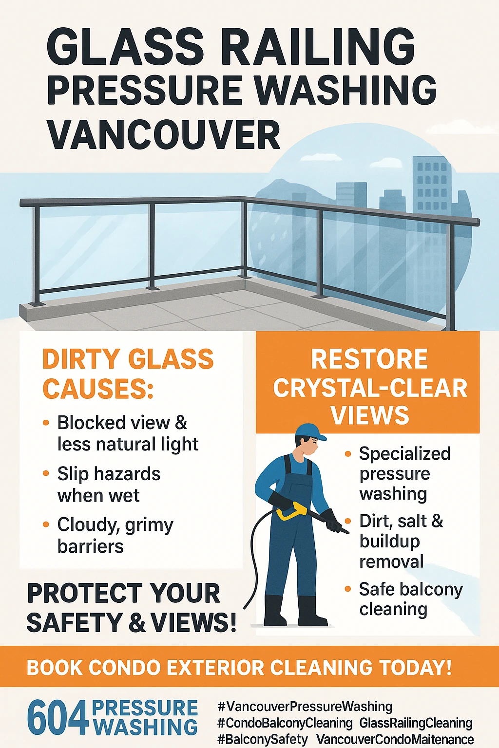 Infographic on Vancouver condo balcony glass cleaning risks and solutions