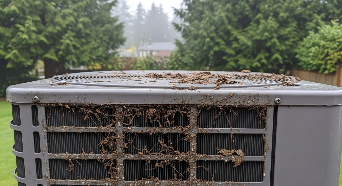 Close up of dirty coils on a Vancouver heat pump