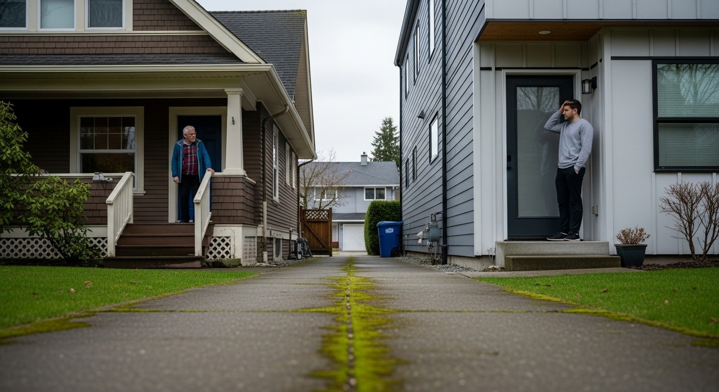 A Vancouver laneway house with a shared path, illustrating potential for maintenance conflict.