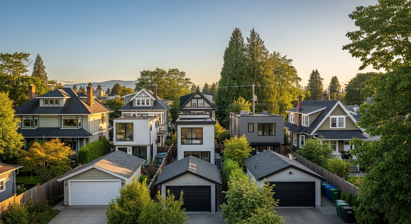 A Vancouver neighborhood street view showing multiple homes with laneway houses in the back.
