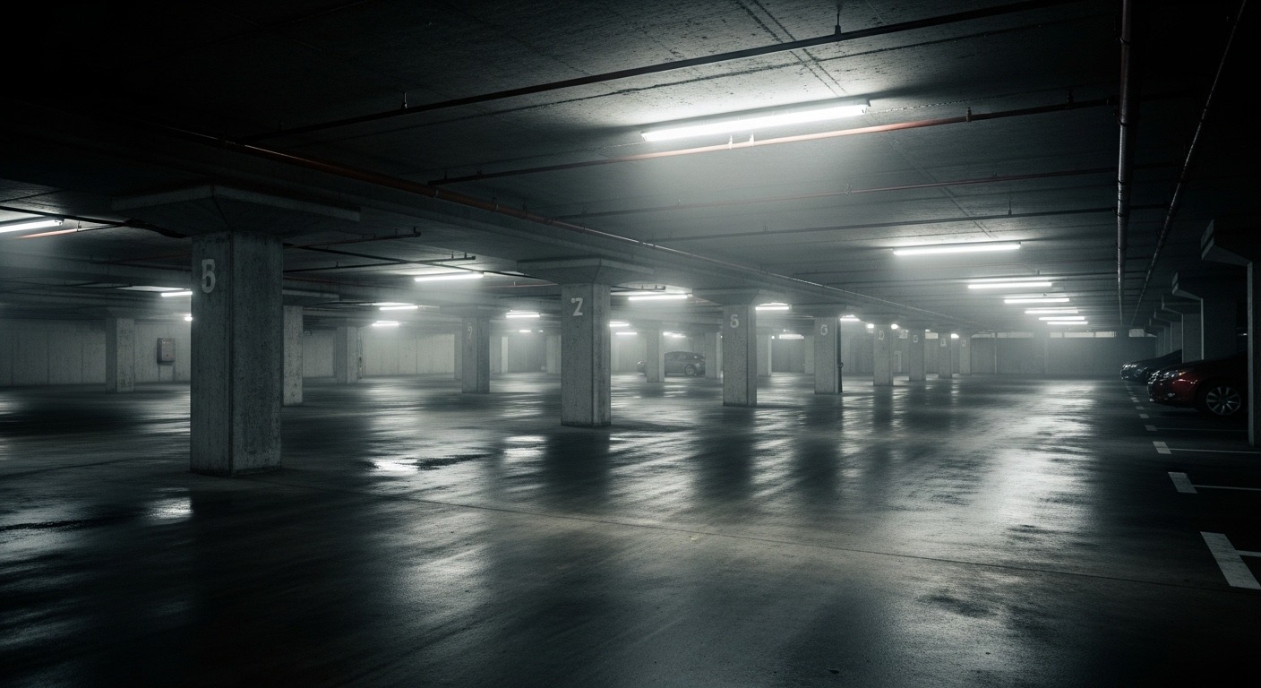 A dark and damp Vancouver underground parking garage with visible signs of poor air quality.