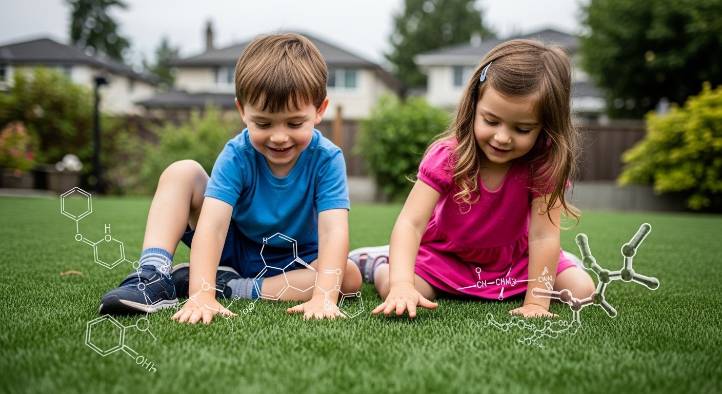 Two young children playing on an artificial grass lawn, highlighting potential health risks.