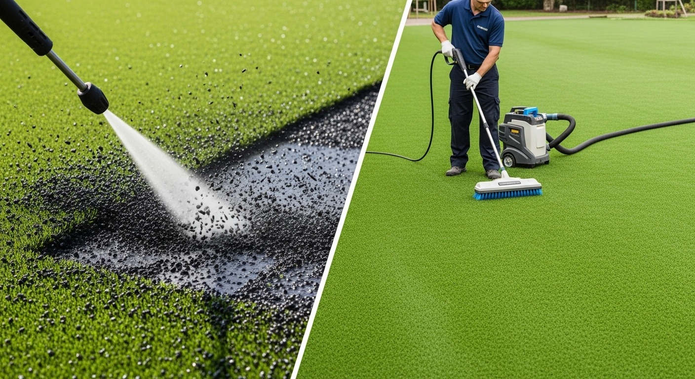 Side-by-side comparison showing the damaging effects of pressure washing versus the safe results of professional turf cleaning.