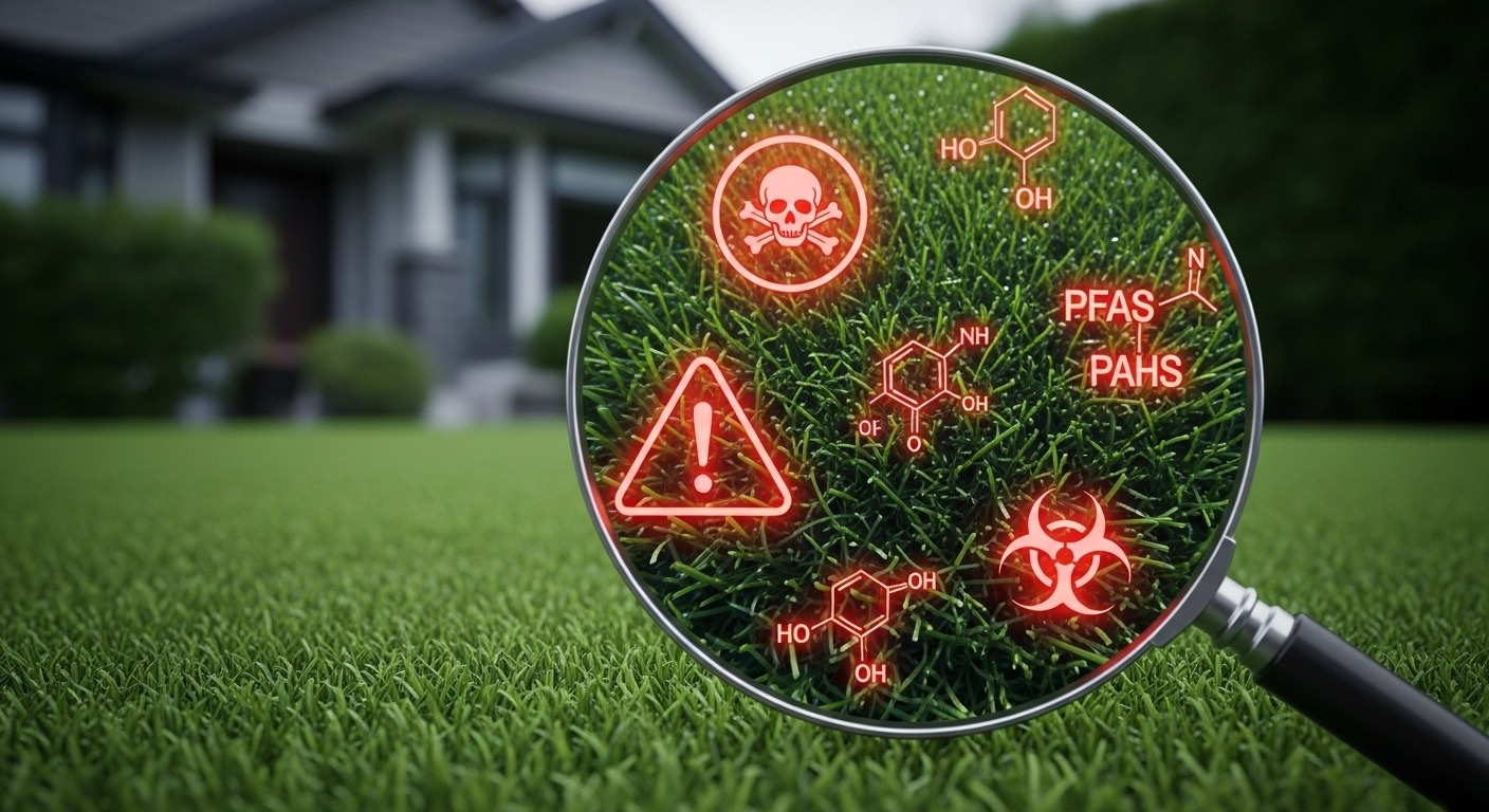 Closeup of synthetic turf blades showing potential for trapped contaminants and chemicals.